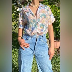 Colorful Pastel Floral Vintage Silky Blouse